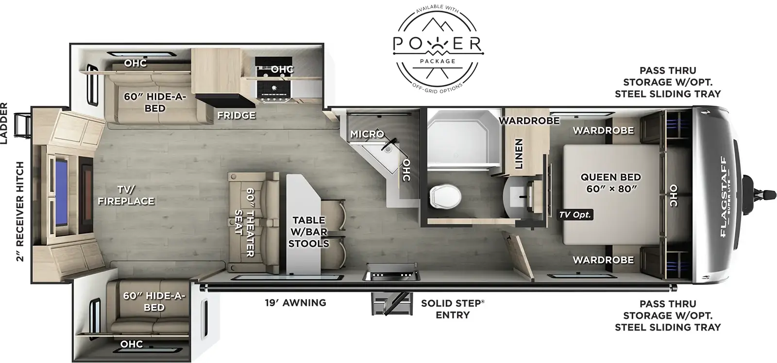 The Flagstaff Super Lite Travel Trailers 29SRL floorplan has one entry and two slide outs. Exterior features include: fiberglass exterior and 19' awning. Interiors features include: front bedroom and rear living.
